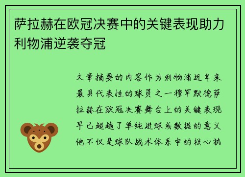 萨拉赫在欧冠决赛中的关键表现助力利物浦逆袭夺冠